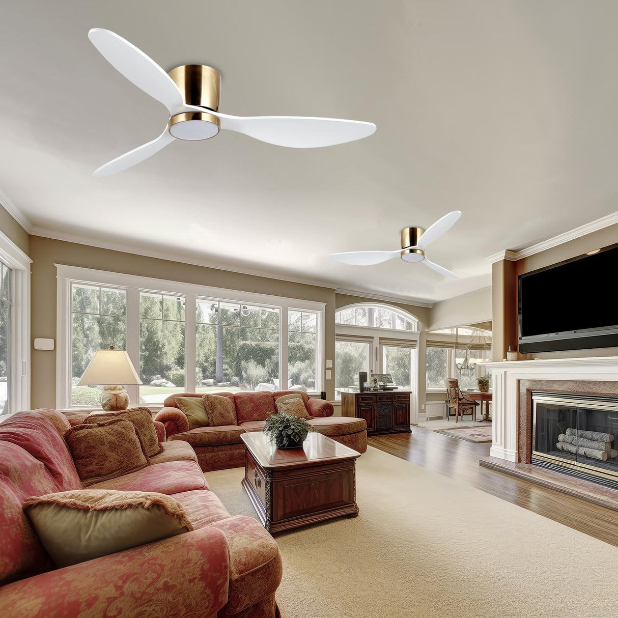 reiga 52 Inch Flush Mount White Ceiling Fan with Light Remote Control, Quiet DC Motor Low Profile 3 Wood Blade Modern Ceiling Fans for Patio Kitchen Living Room Bedroom reiga