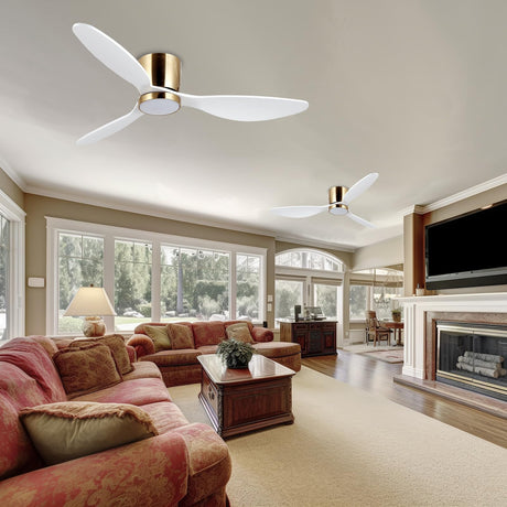 reiga 52 Inch Flush Mount White Ceiling Fan with Light Remote Control, Quiet DC Motor Low Profile 3 Wood Blade Modern Ceiling Fans for Patio Kitchen Living Room Bedroom reiga