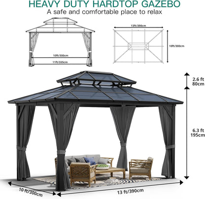 GAOMON 10x13ft Gazebo, Hardtop Double Roof Canopy with Netting and Curtains, Outdoor Gazebo Polycarbonate Aluminum Frame Garden Tent for Patio, Backyard, Deck, Lawns (Gray)