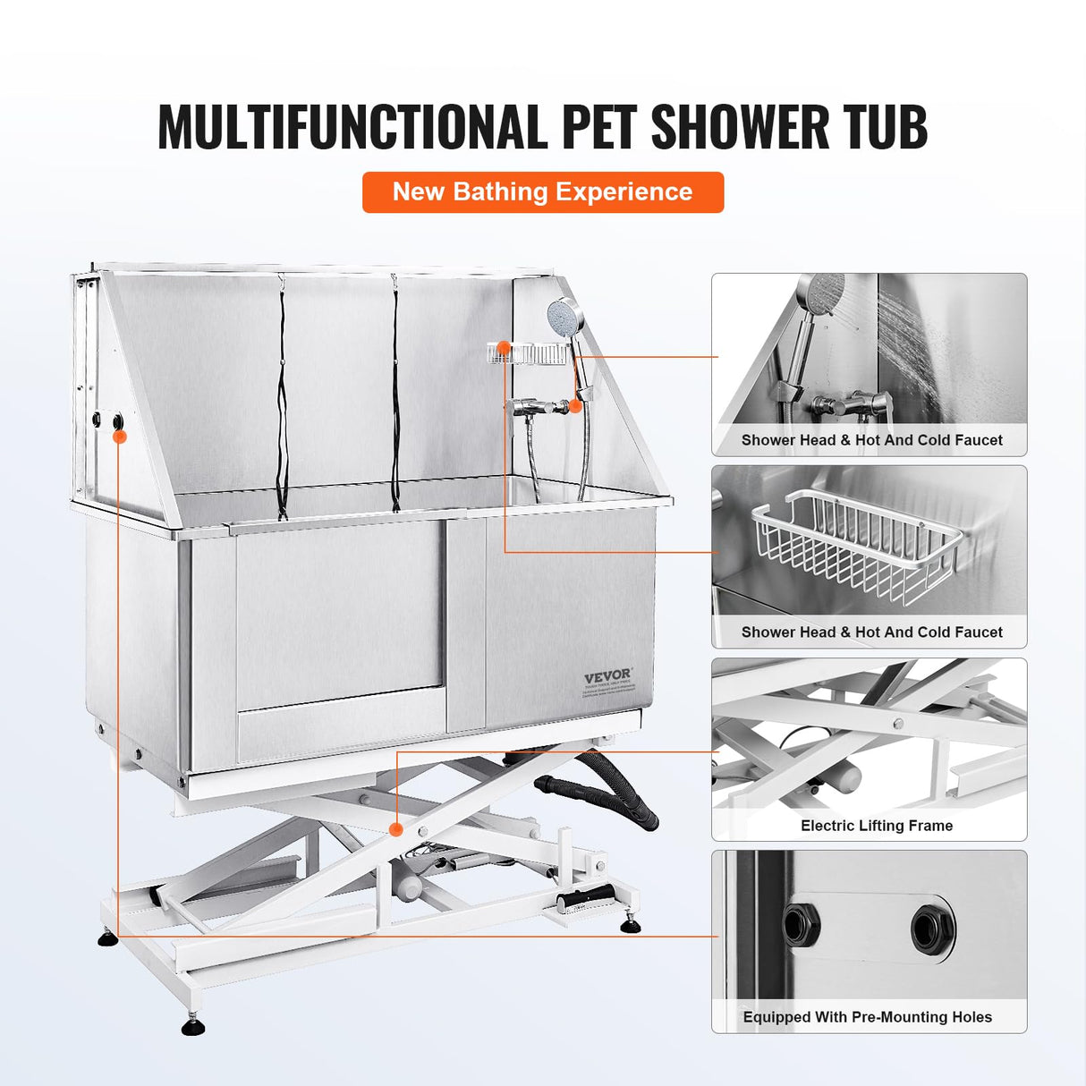 VEVOR 50" Pet Dog Bathing Station Electric Height Adjustment, Professional Stainless Steel Dog Grooming Tub w/Soap Box, Faucet,Rich Accessory,Bathtub for Multiple Pets, Washing Sink for Home(Left) VEVOR