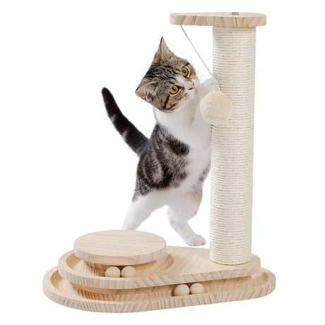 Made4Pets Cat Scratching Post Cat Scratcher Kitten Toys for Indoor Cats Wooden Ball Track Two-Layer Modern Sisal 17.7" Tall Scratch Post Interactive Toy with Dangling Ball MADE 4 PETS