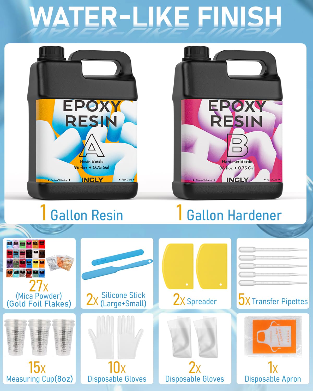 INCLY 1.5 Gallon Crystal Clear Epoxy Resin Kit with 24 Colors Mica Powder & Silicone Tools, Bubbles Free Epoxy Resin Supplies, Casting & Coating for Jewelry Making, Craft Tabletop, Art Painting, Molds INCLY