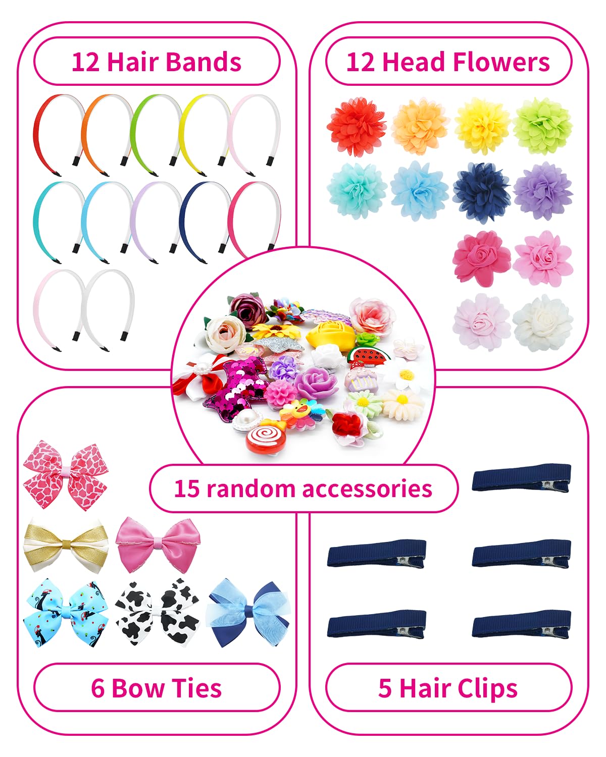 PET SHOW 50 Pack Big Flower Girl Headbands for Litter Girls with Teeth Interchangeable Charms Removable Bows Slip on Head Bands Hair Clips DIY Hair Bands Accessories Making Kit Birthday Gift PET SHOW