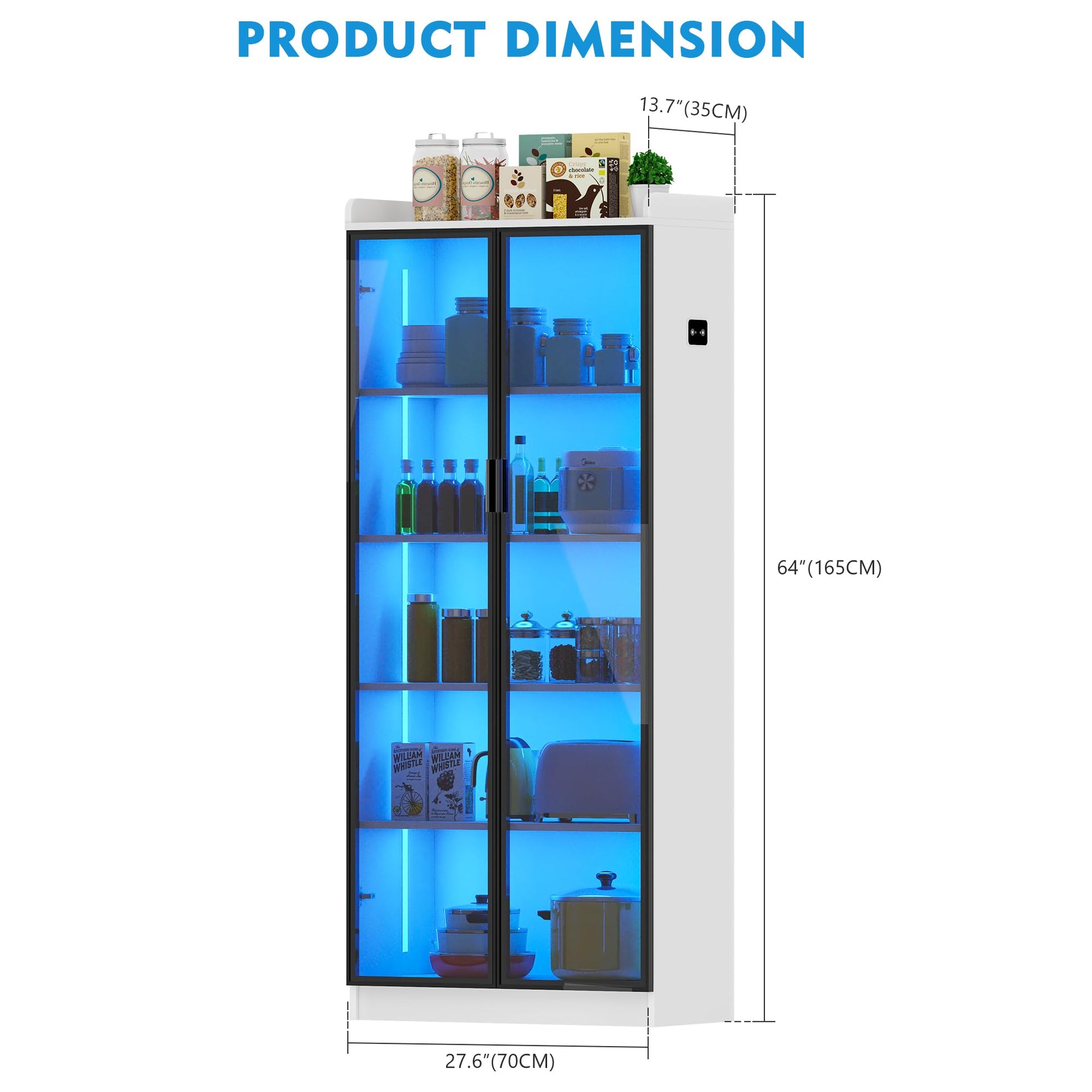 Lvifur Tall Storage Cabinet up to 70", LED Kitchen Pantry Cabinet with Human Body Induction, 5 Tier Bookcase Display Cabinet with Adjustable Shelves for Living Room Office (White) - WoodArtSupply