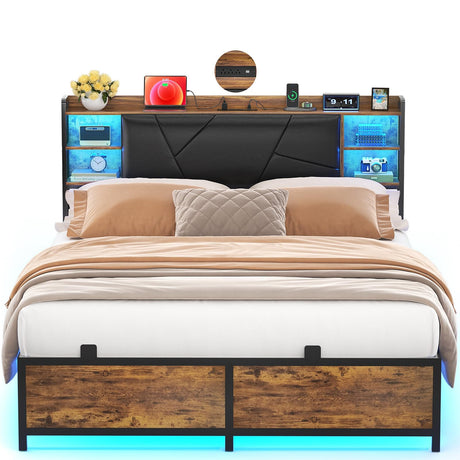 Unikito Full Size Bed Frame with Charging Station and RGB LED Light, Sturdy Platform Bed with Upholstered Headboard, Strong Metal Slats, Noise Free, No Box Spring Needed, Easy Assembly, Rustic Brown Unikito