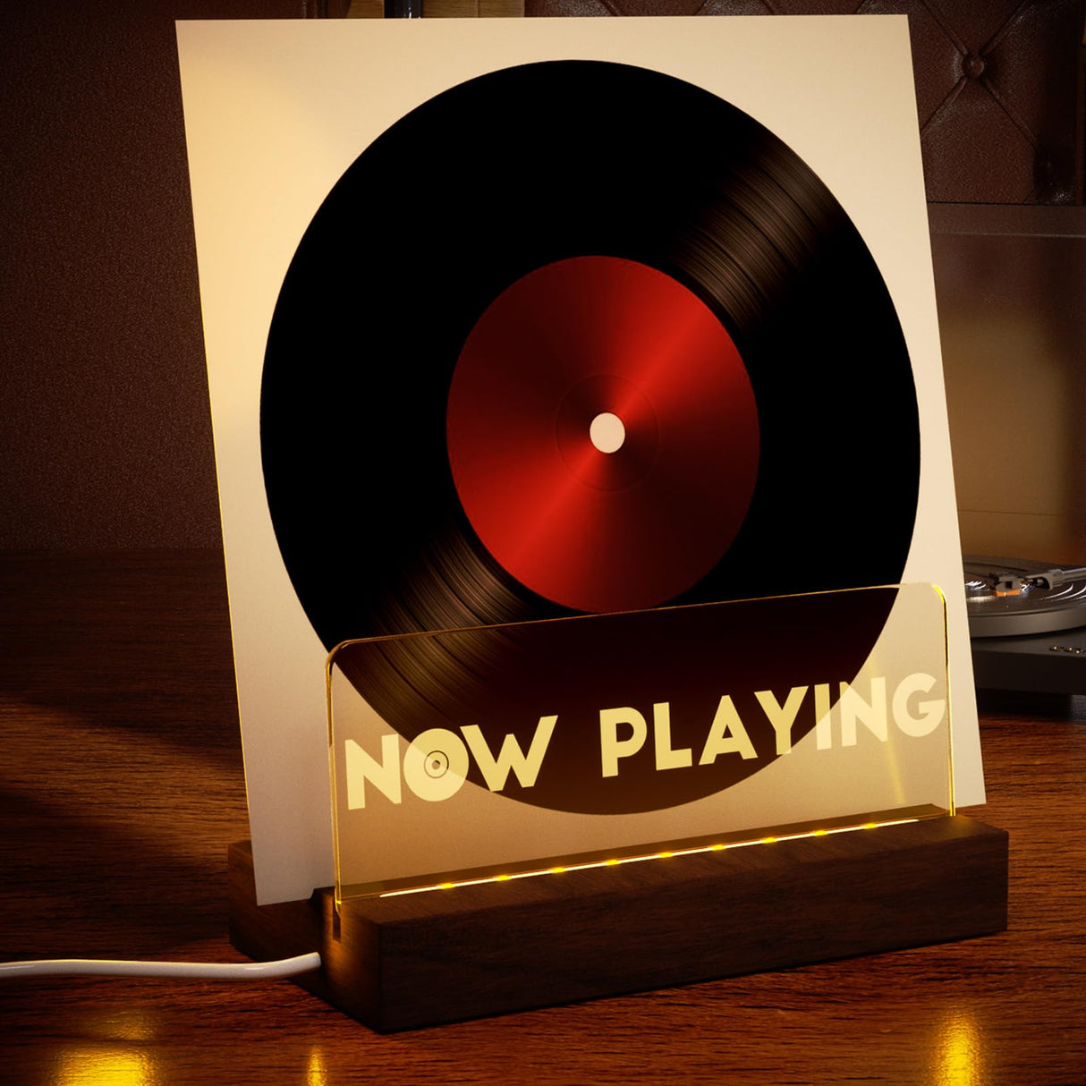 Cociat Lighting Now Playing Vinyl Record Stand, Wooden Rack with Acrylic Panel Cociat