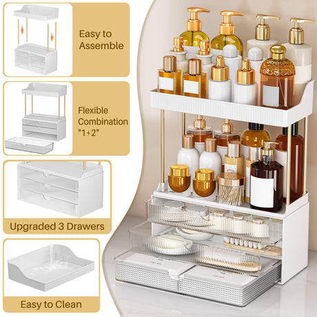 caktraie 5 Tiers Bathroom Counter Organizer - 3 Drawers Makeup Organizer, Cosmetic Storage Drawer for Dresser Countertop and Bathroom Vanity for Large Skincare, Perfume, Clear caktraie