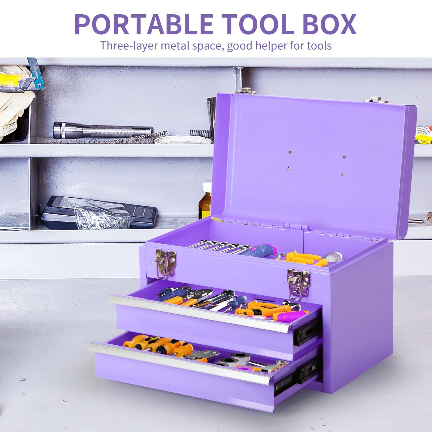 14 Inch Steel Portable Tool Box with drawers - Tool Storage Box Organizer with Metal Latch Closur - Powder Coated Toolbox Chest for Tools Storage Cabinet (PURPLE) - WoodArtSupply