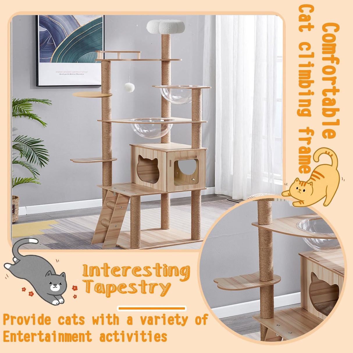 67-Inch Cat Tree for Indoor Cats Large Adult,Cat Tree Tower with Condo, Cat Stairs, 2 Bowl,14 Sisal Scratching Posts, Top Perch, with Padded Platform Bed,Toy Balls,Larg Large cat Tree.B12 Yinanroa