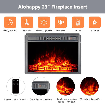 23" Electric Fireplace Insert 1500W Stove Heater for TV Stand with Recessed Mounted Flame LED Logs, Timer Setting, Remote Control Fireplace Heater, Adjustable Flame Color Brightness (Black)