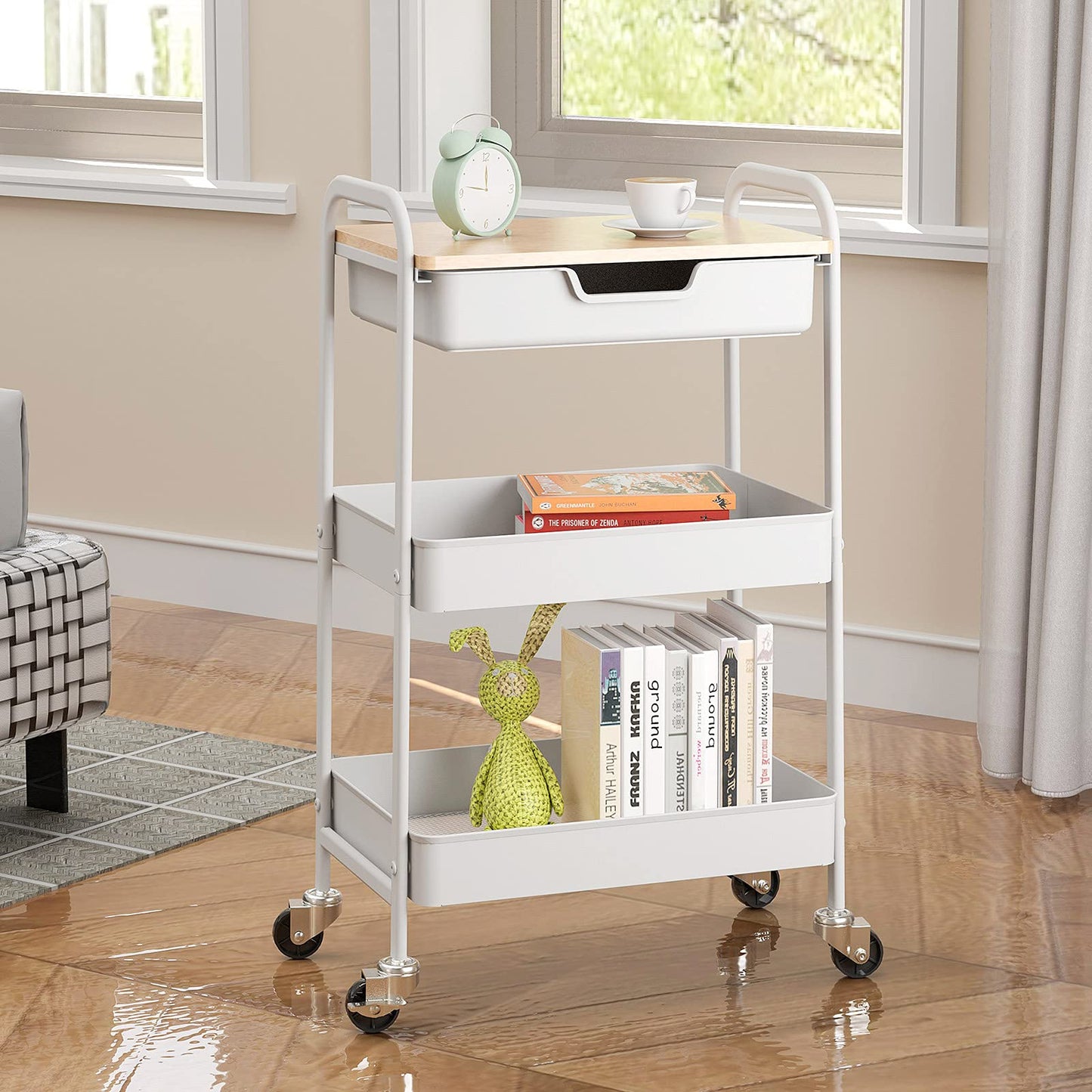 TOOLF 3-Tier Metal Utility Rolling Cart with Drawer and Wooden Table Top, Storage Cart White Trolley Kitchen Organizer Rolling Desk with Locking Wheels for Office, Classroom, Home, Bedroom