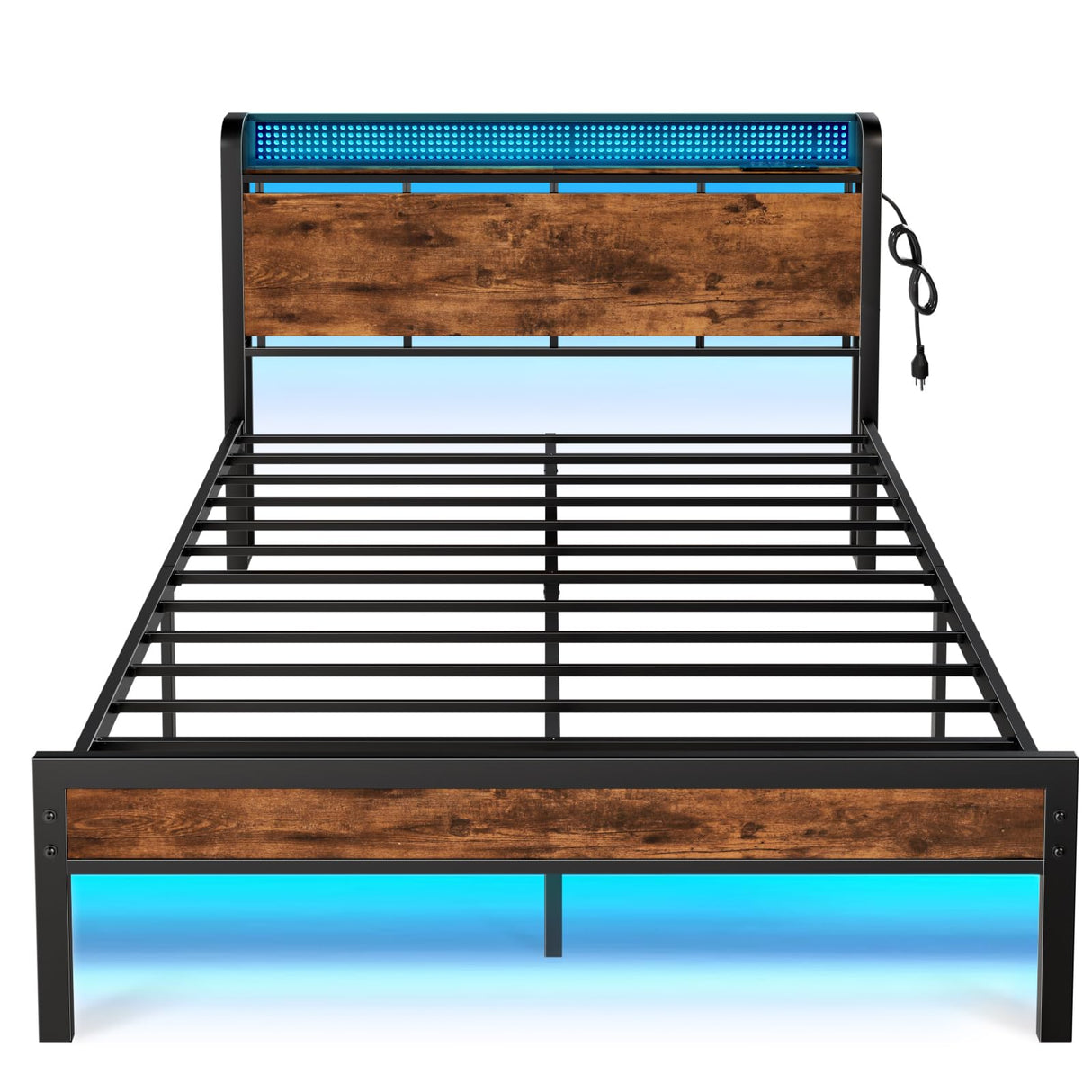 Furnulem Rustic Queen Platform Bed Frame with RGB LED Lights & Integrated Storage Headboard Furnulem