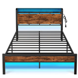 Furnulem Rustic Queen Platform Bed Frame with RGB LED Lights & Integrated Storage Headboard Furnulem