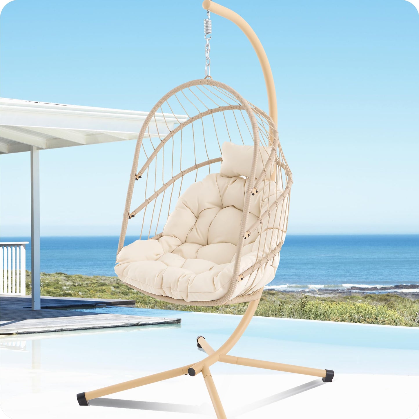 Swing Egg Chair with Stand Foldable Hanging Egg Chair Indoor Outdoor Wicker Rattan Basket with UV Resistant Cushions for Bedroom Balcony Backyard 350lbs Capacity (Beige) - WoodArtSupply