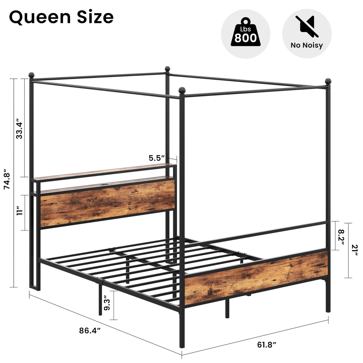 LIKIMIO Canopy Bed Frame Queen with Storage Headboard & Charging Station, Sturdy Metal Platform Bed with 4 Removable Posts, Dual Purpose Bed Frame, No Box Spring Needed, Noise Free LIKIMIO