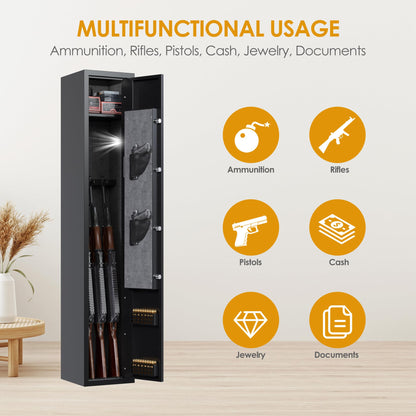 SUXXAN Fingerprint Gun Cabinet, 3 Rifle & 2 Pistol Quick Access Fingerprint Gun Safe, Rifle Safes with Built-in Small Cabinet & LED Light Used for Home Office Hotel Business (Black)