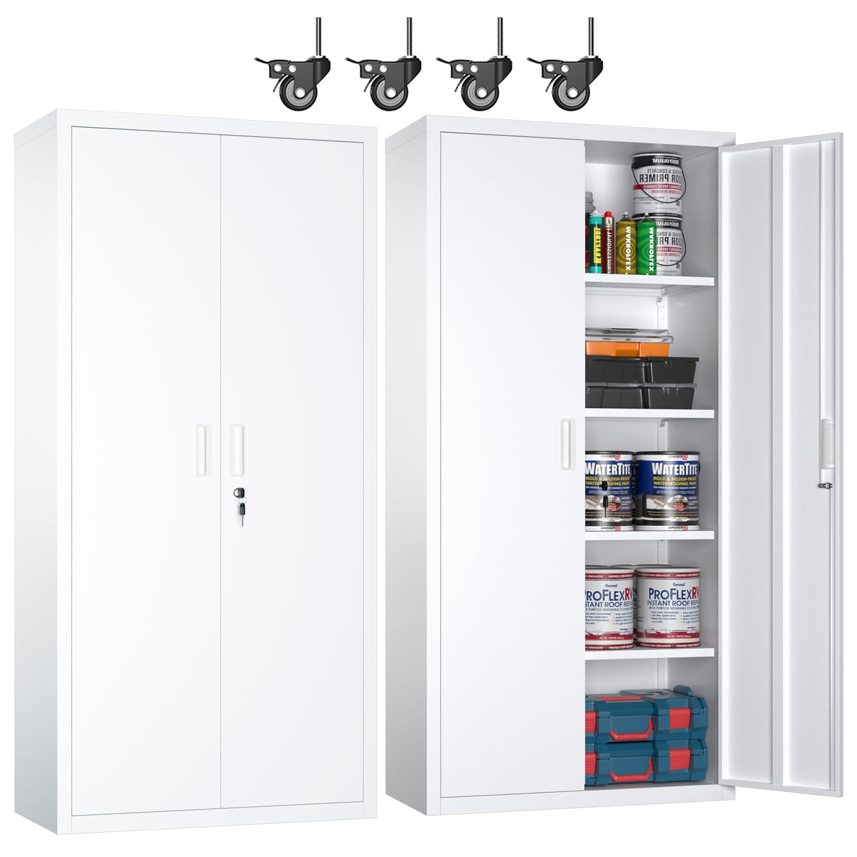 JAORD Garage Storage Cabinets with Wheels, Metal Storage Cabinet with Locking Doors and 4 Adjustable Shelves for Garage Home, Assembly Required, 73" H, White JAORD