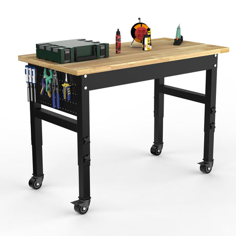 NBGV 48" Solid Wood Work Bench, Adjustable Hight Workbench with Wheels, Heavy-Duty Worktable with Pegboard, Power Outlets, Workstation for Garage, Workshop, Office NBGV