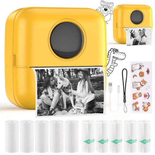 HuiJuKeJi Mini Sticker Printer Bluetooth Smart Pocket Inkless Thermal Printer with 11 Rolls Thermal Paper and Sticker for iOS&Android Print Pod, Portable Receipt Printer for Photo Note Memo (Yellow)