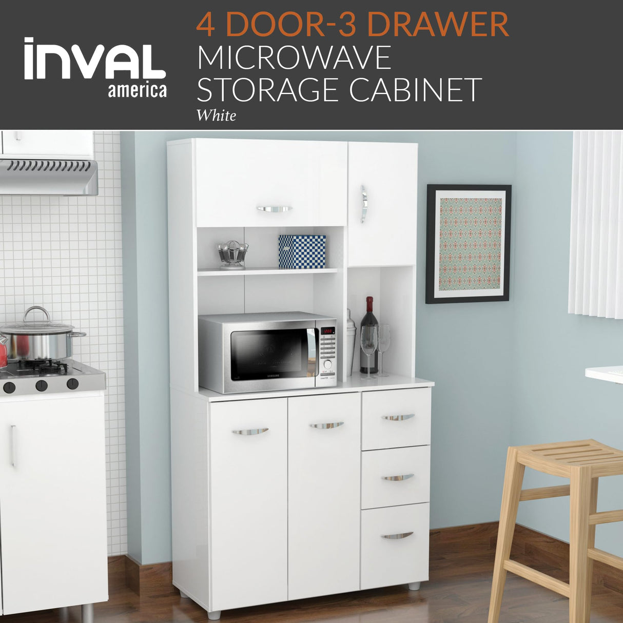 Inval, 71" H x 23.6" W x 17.1" D, White Kitchen Microwave Storage Cabinet with 3 Drawers, Kitchenette Standing Pantry Inval