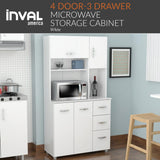 Inval, 71" H x 23.6" W x 17.1" D, White Kitchen Microwave Storage Cabinet with 3 Drawers, Kitchenette Standing Pantry Inval