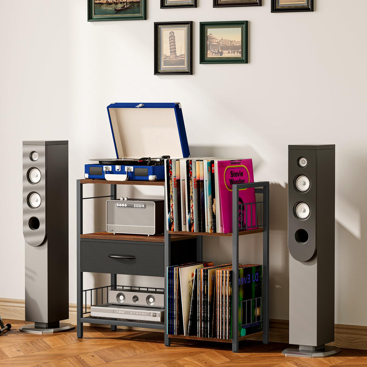 Snughome AV Media Stand, Record Player Stand with Vinyl Storage Holds up to 280+ Albums, Audio Video Rack Album Storage Shelves for Vinyl, Turntable Stand Record Holder Media Console Stereo Cabinet Snughome