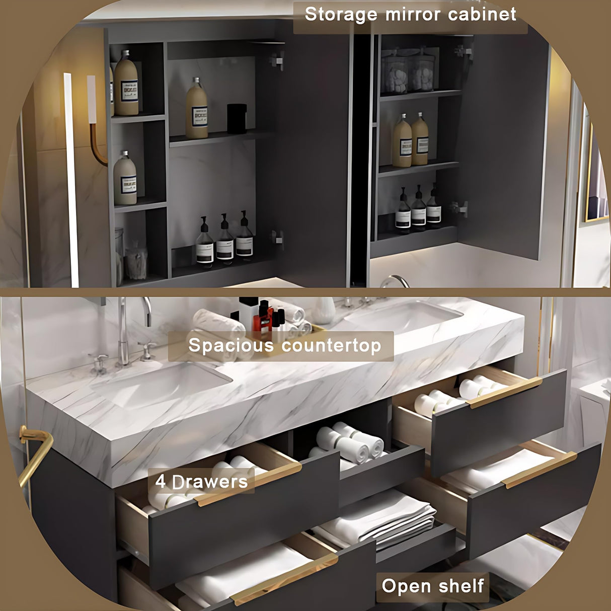 Kadaligh 60IN Modern Double Sink Bathroom Vanity - Floating Bathroom Vanity Cabinet Include 2 Sink Designs & Dressing Mirror Cabinet with LED | 4 Large Drawers & Golden Handles, Grey Kadaligh