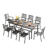 PHI VILLA 9 Pieces Outdoor Dining Set for 8, Large Rectangular Metal Table with Umbrella Hole & Stackable Wrought Iron Chairs, Dining Furniture for Patio, Deck, Yard, Porch PHI VILLA