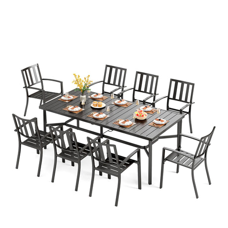 PHI VILLA 9 Pieces Outdoor Dining Set for 8, Large Rectangular Metal Table with Umbrella Hole & Stackable Wrought Iron Chairs, Dining Furniture for Patio, Deck, Yard, Porch PHI VILLA