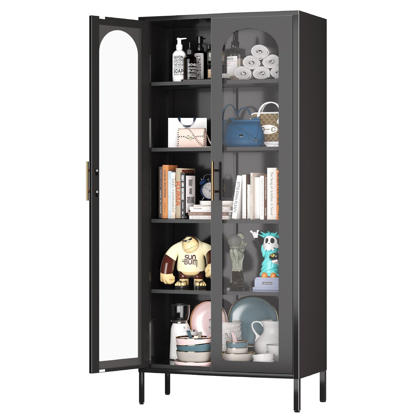 YILFANA 71" Tall Glass Display Case, Curio Cabinet with Adjustable Shelves, Metal Bookcase for Kitchen Pantry, Office, Bathroom - Black