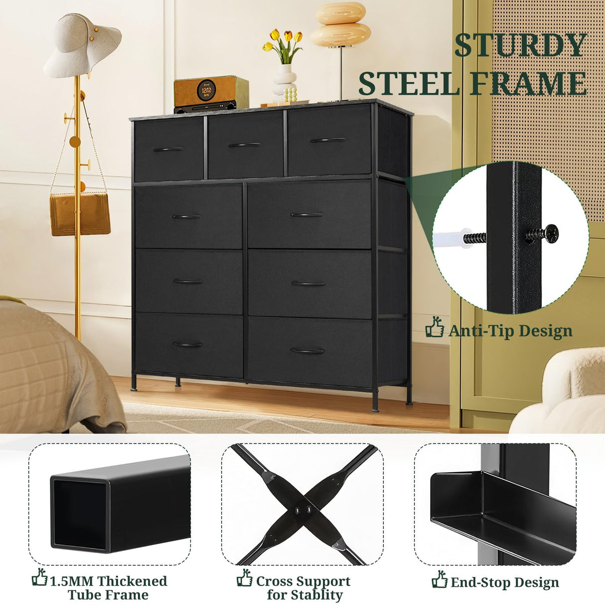 9-Drawer Dresser for Bedroom, Anti-Tip Tall Storage Organizer Chest of Drawers with Wooden Top and Metal Frame Fabric Bins for Closet, Living Room, Hallway, Entryway, Black SageNest
