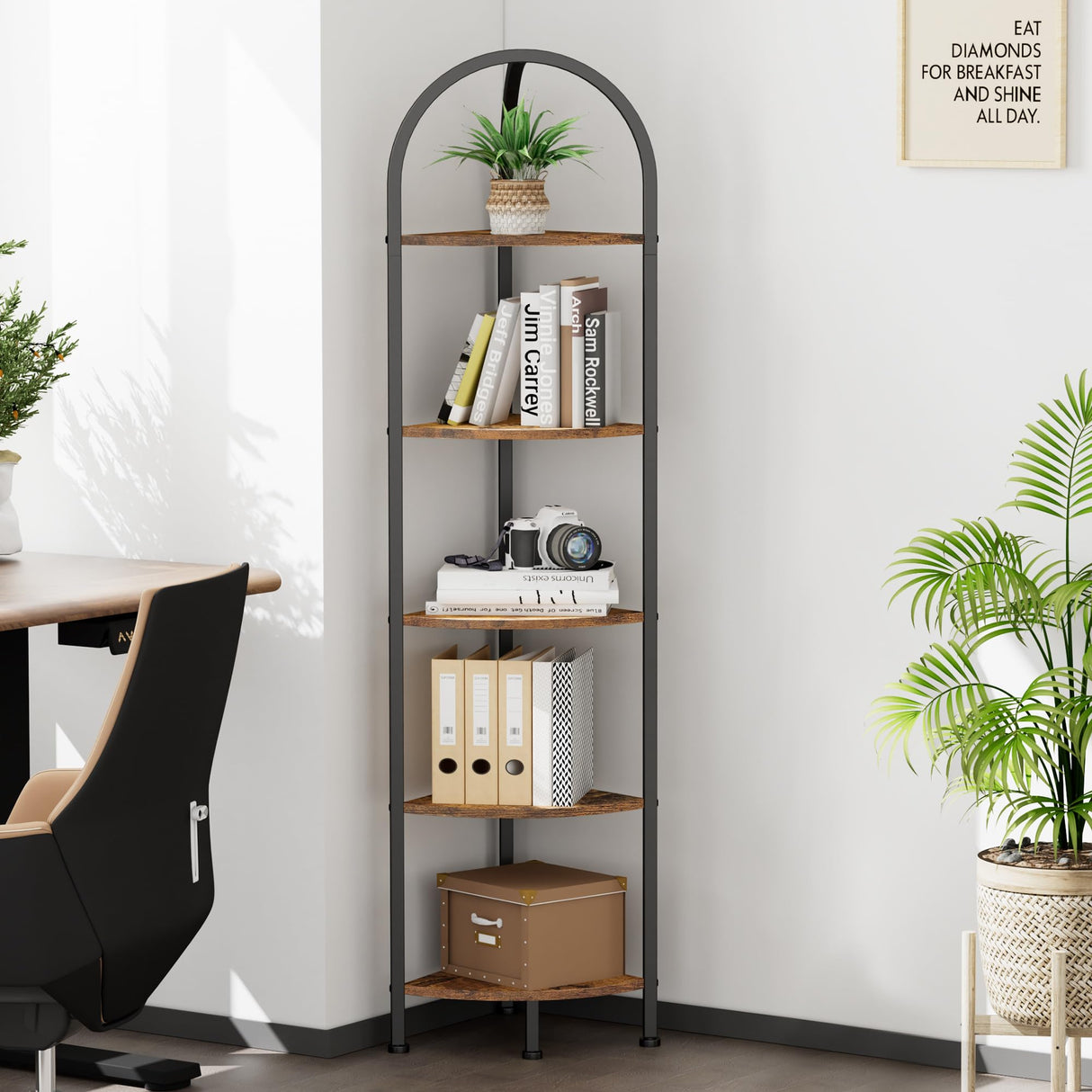 Homhedy 5-Tier Corner Shelf Stand, Wall Corner Bookshelf with Metal Frame, Bathroom Storage Rack Shelf, Plant Stand, Industrial Style,Rustic Brown and Black Homhedy