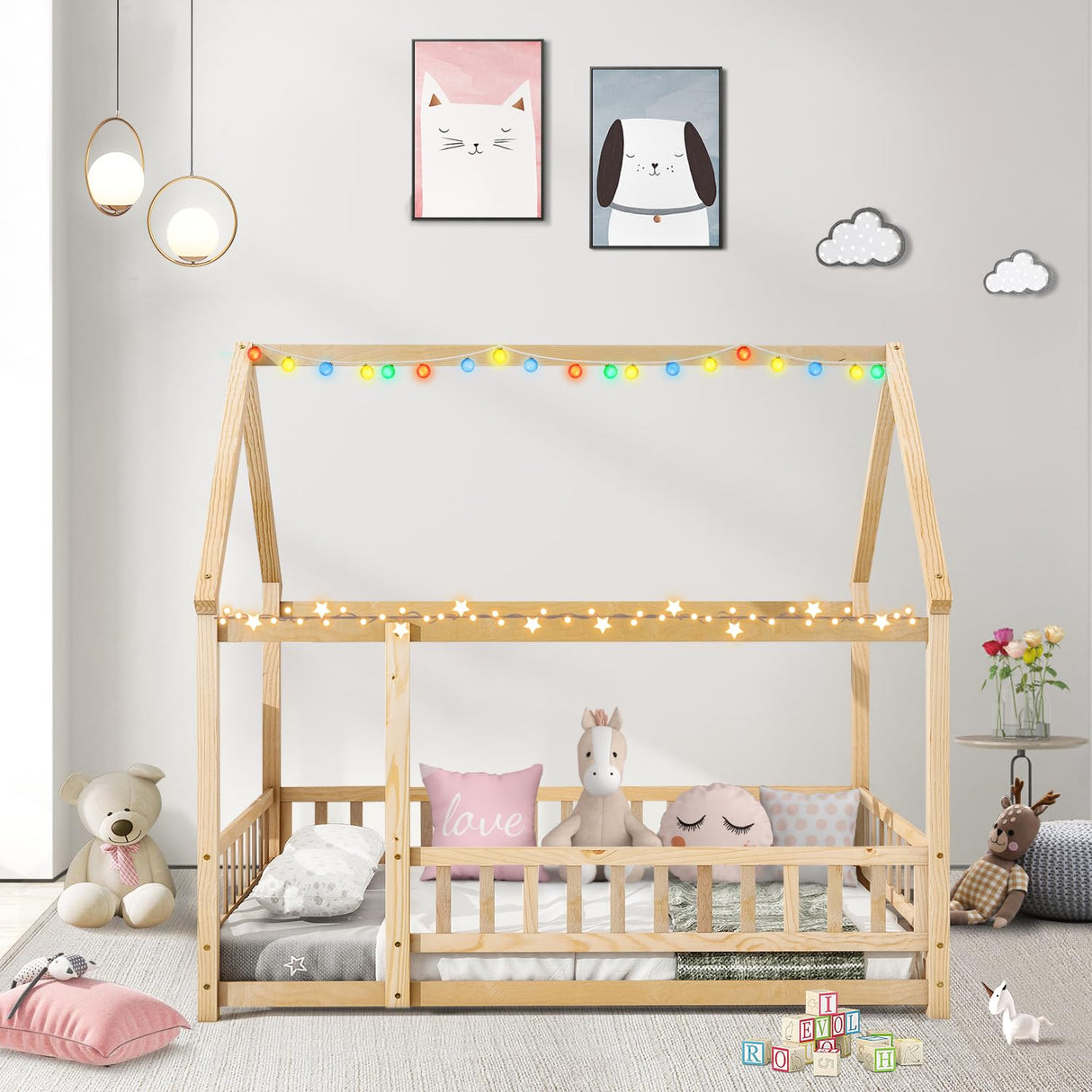 Montessori Twin House Bed Frame with Roof and Fence for Kids, Natural Pine LLS