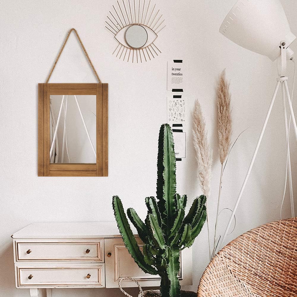 DECORKEY Rectangle Wall Mirror for Bathroom, Distressed White Wood Decor with Hanging Rope for Rustic Home Decor, Vanity, Living Room 12"×16"（Wooden） DECORKEY