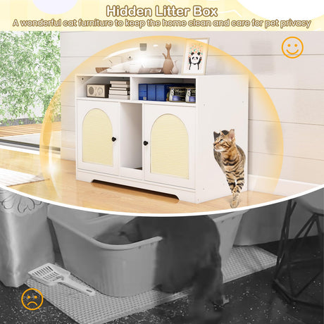 Tangkula Double Litter Box Enclosure, 43 Inch Hidden Litter Box Furniture with Shelves, Removable Scratching Board, 2 Sisal Mats, Large Enclosed Cat Box Enclosure for 2 Cats (White) Tangkula