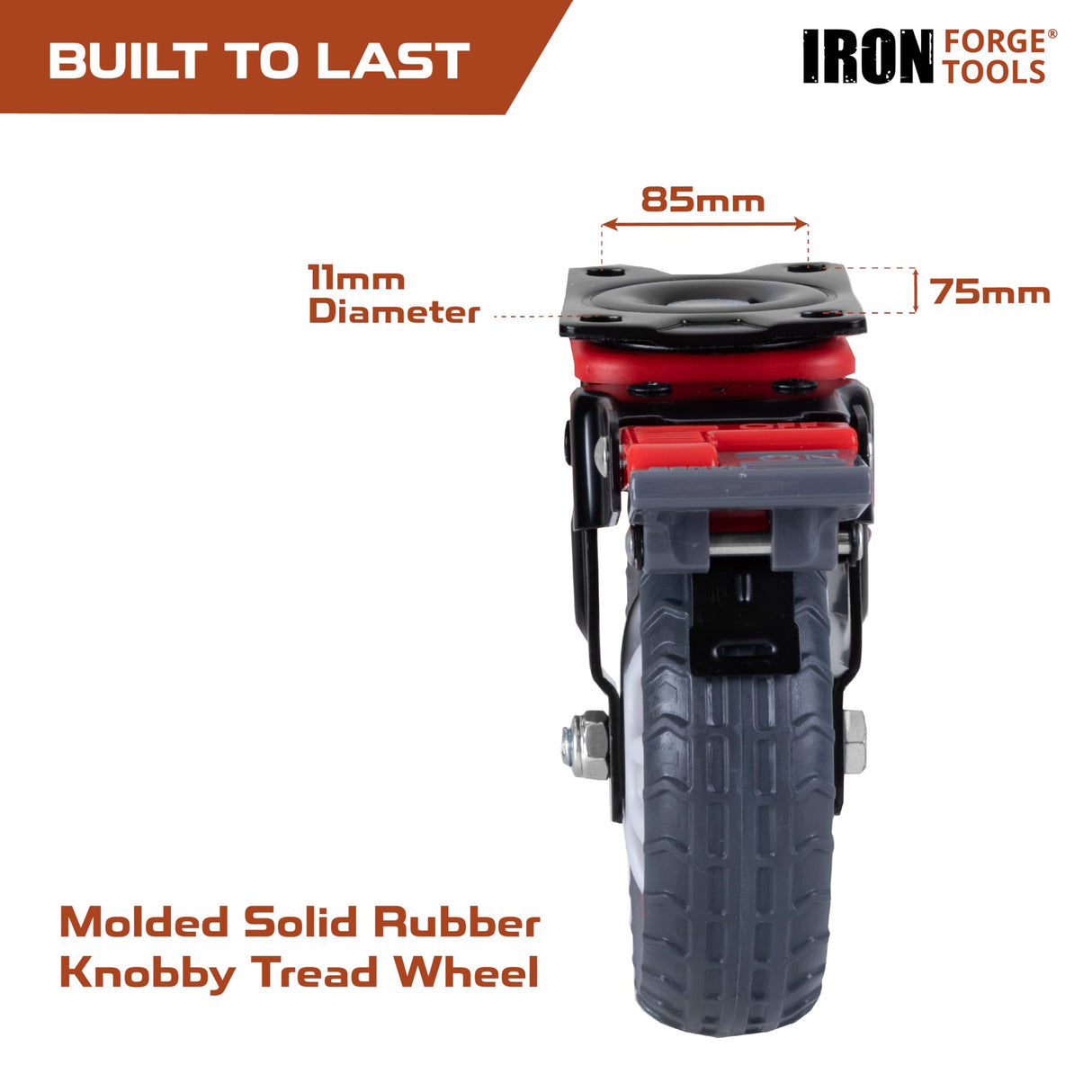 Iron Forge Tools Heavy Duty Swivel Knobby Casters Set of 4, 6" Height, 5" Diameter, Solid PU Knobby Tread Heavy Duty Wheels, Swiveling Bases, Two Casters with Brakes, Two Without, Black & Red Iron Forge Tools