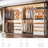 Aheaplus Closet System with 8 Wooden Drawers, Wood Closet Organizer System with Tower, Walk-in Closet Organizer Wardrobe Clothes Rack with 4 Hanging Rods, Garment Rack, Cut to Fit 7-12Ft, White Aheaplus