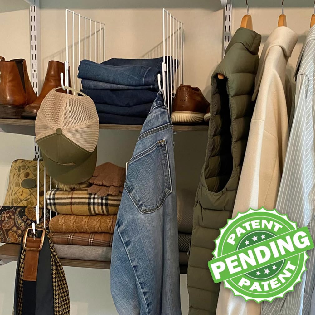 Evelots Shelf Dividers for Wood Shelf with New Patent Pending Removable Hooks, 8 Pack Closet Organizers and Storage for Clothes, Purse, Pantry - Solid Steel-12 Inch Shelf -Reinforced Wide Bottom Evelots