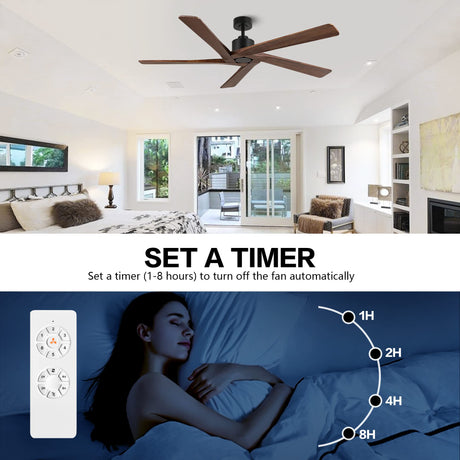 WINGBO 54 Inch DC Ceiling Fan without Lights, 5 Reversible Carved Solid Wood Blades, 6-Speed Noiseless DC Motor, Ceiling Fan No Light with Remote, Matte Black Finish with Walnut Blades, ETL Listed WINGBO