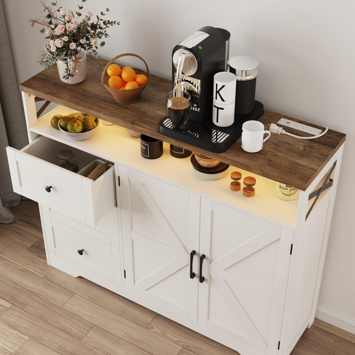 Befrases Farmhouse Buffet Cabinet with Drawers & Open Shelf, Sideboard with Storage, Kitchen Pantry Cabinet Hutch, Coffee Bar Station for Kitchen, Dining Room, Living Room, 47" L White Befrases