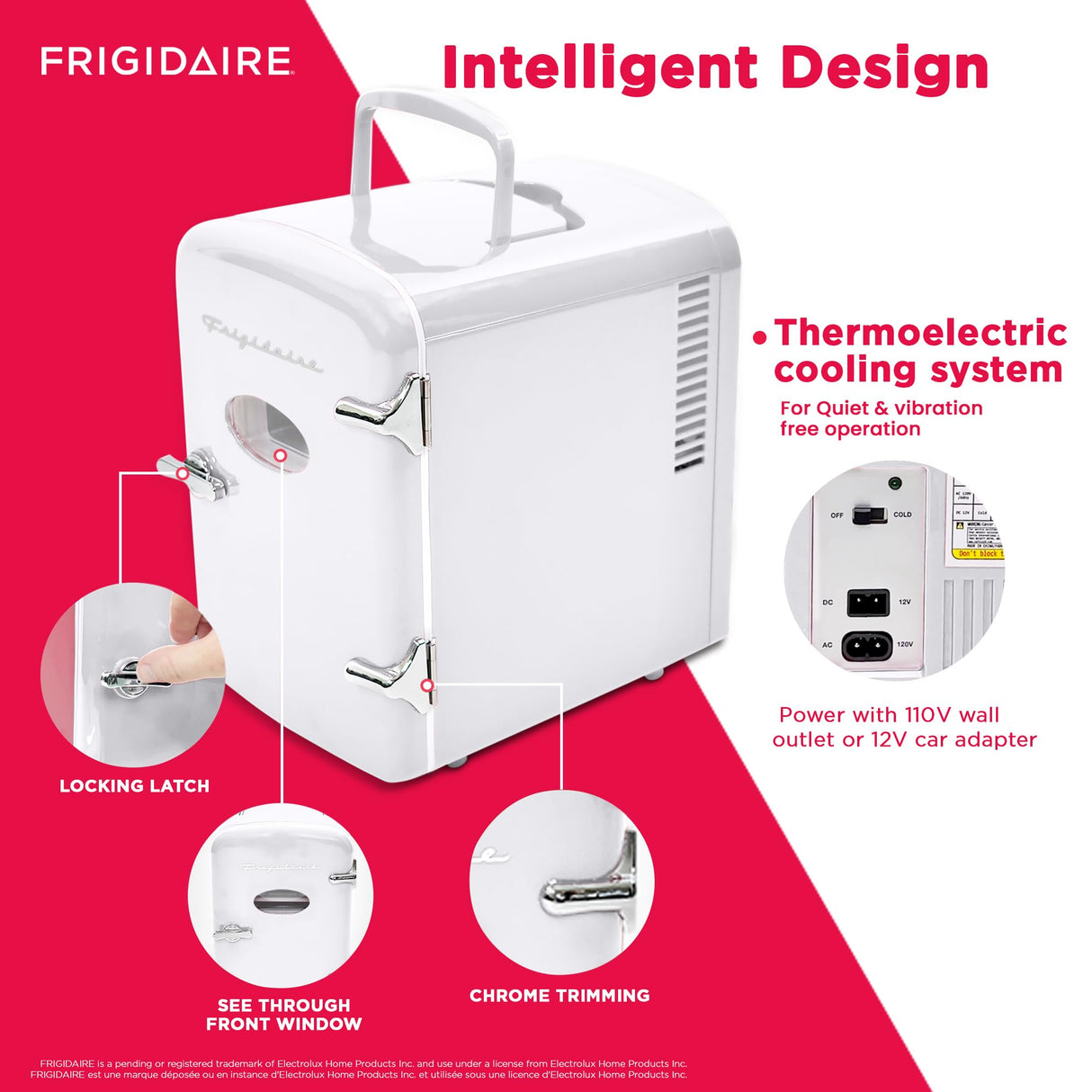 Frigidaire EFMIS129-WHITE White Mini Personal Fridge Cooler, 1 Gal Capacity fits Six Cans, Includes Plugs for Home Outlet & DC Charger-9.84" D x 7.09" W x 10.35" H, standard Frigidaire