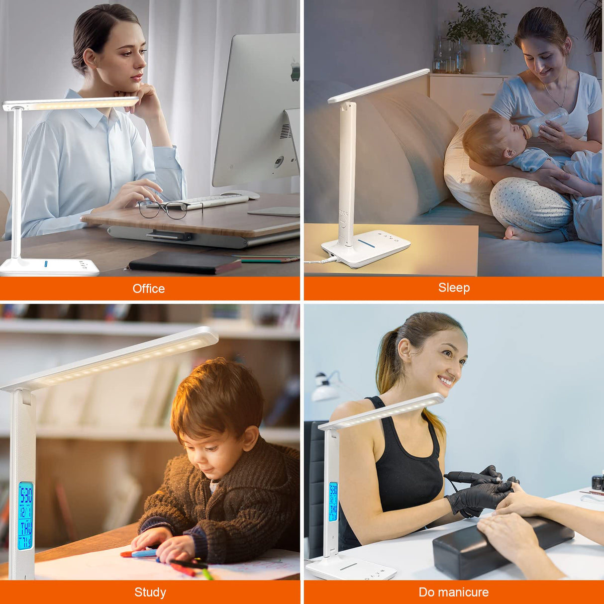 snsok Desk Lamp with Wireless Charger, USB Charging Port, Dimmable Office Desk Light with Clock, Alarm, Date, Temperature, Foldable Lamp for Table Bedroom Bedside Office (White) snsok