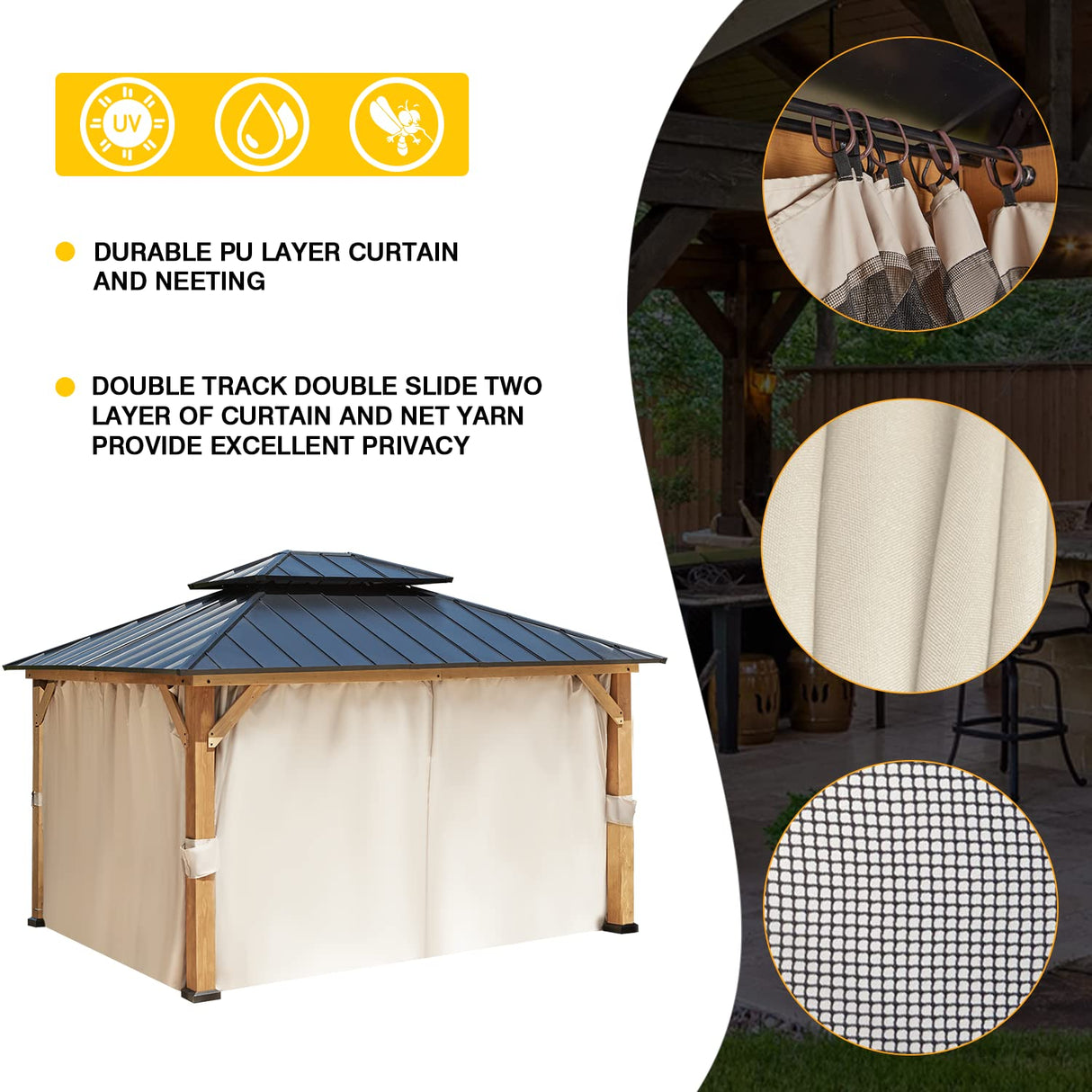 YOLENY 11' x 13' Spruce Wood Gazebo, Outdoor Hardtop Gazebo with Privacy Curtains and Mosquito Netting for Patio, Garden, Backyard YOLENY