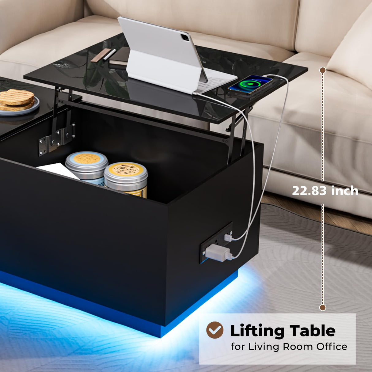 HOMMPA Lift Top Coffee Table with Charging Station Black Led Coffee Table with Storage Hidden Compartment Modern Coffee Table with Lift Top Center Table with LED Light for Living Room Home Office HOMMPA