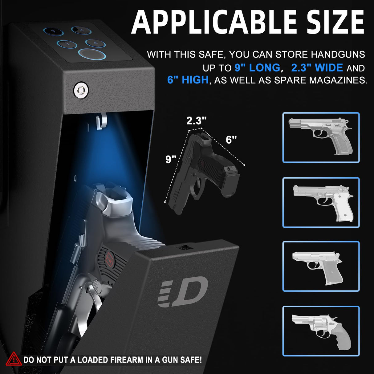 Urban Deco Biometric Handgun Gun Safe for Nightstand, Desk, Bed Side - Pistol Safe, Hand Gun Safe for Car, Biometric Gun Safe for Handgun with Fingerprint, PIN Code, Key Access Urban Deco