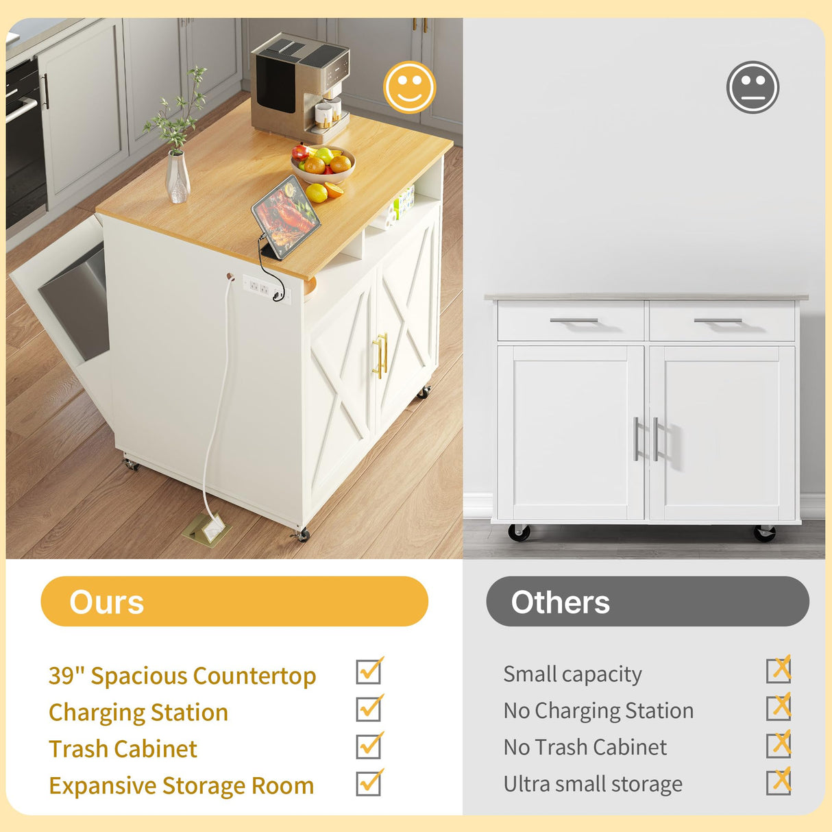 DWVO Kitchen Island with Power Outlet, 40 inch Rolling Island Table with Trash Can Cabinet fits Double 10-Gallon Bin, Square Mobile Storage Islands with Tilt Out Garbage Bin Cabinet, White Oak DWVO