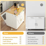 DWVO Kitchen Island with Power Outlet, 40 inch Rolling Island Table with Trash Can Cabinet fits Double 10-Gallon Bin, Square Mobile Storage Islands with Tilt Out Garbage Bin Cabinet, White Oak DWVO