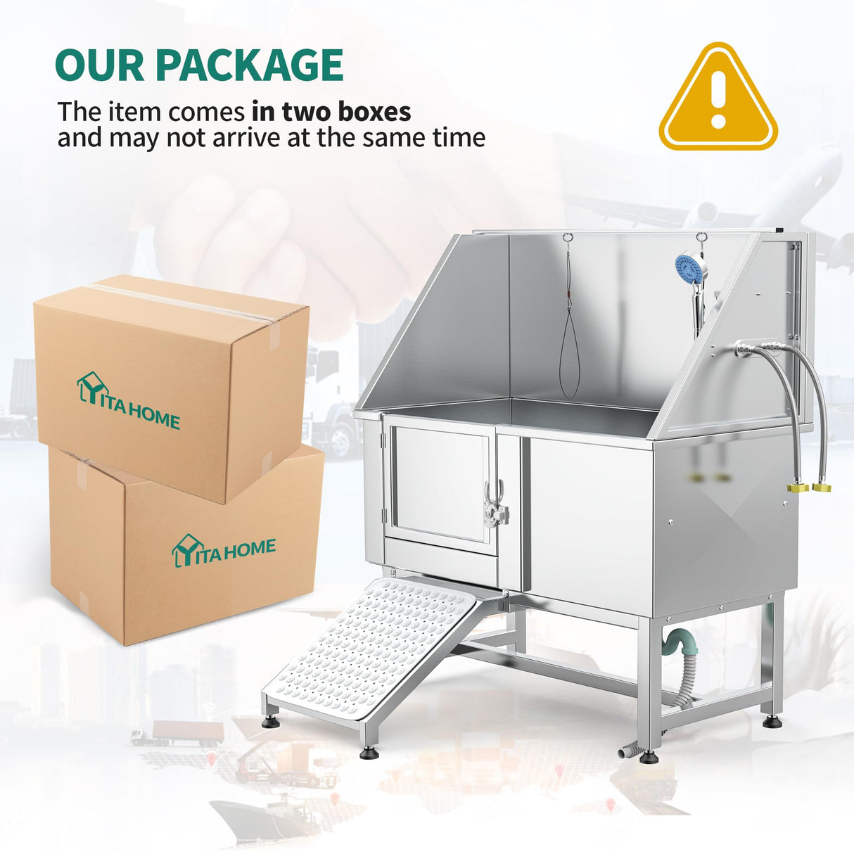 YITAHOME 50" Dog Grooming Tub 304 Stainless Steel Professional Dog Bathing Station w/Ramp, Floor Grate, Faucet, Dog Bathtub for Large, Medium, Small Pets Left Door, Dog Washing Station for Home YITAHOME