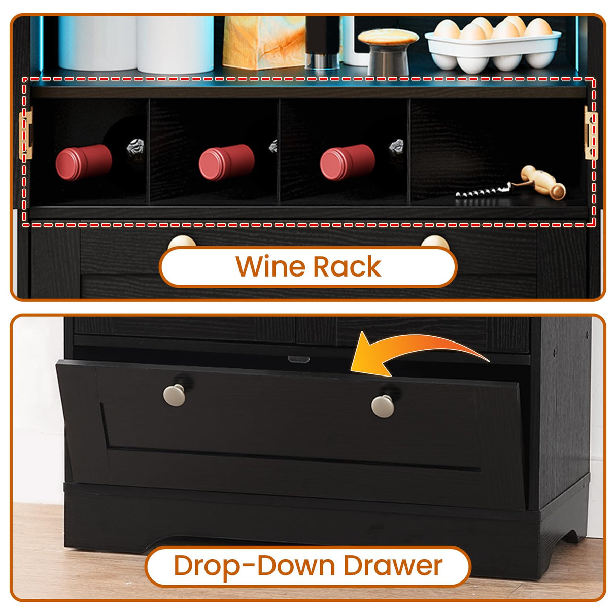 HOOBRO Kitchen Pantry Cabinet, Pantry Cabinet with Cup Holders and Wine Rack, Pantry Storage Cabinet with Charging Station and LED Lights, Pantry with Drawers for Dining Room, Black and Gold HOOBRO