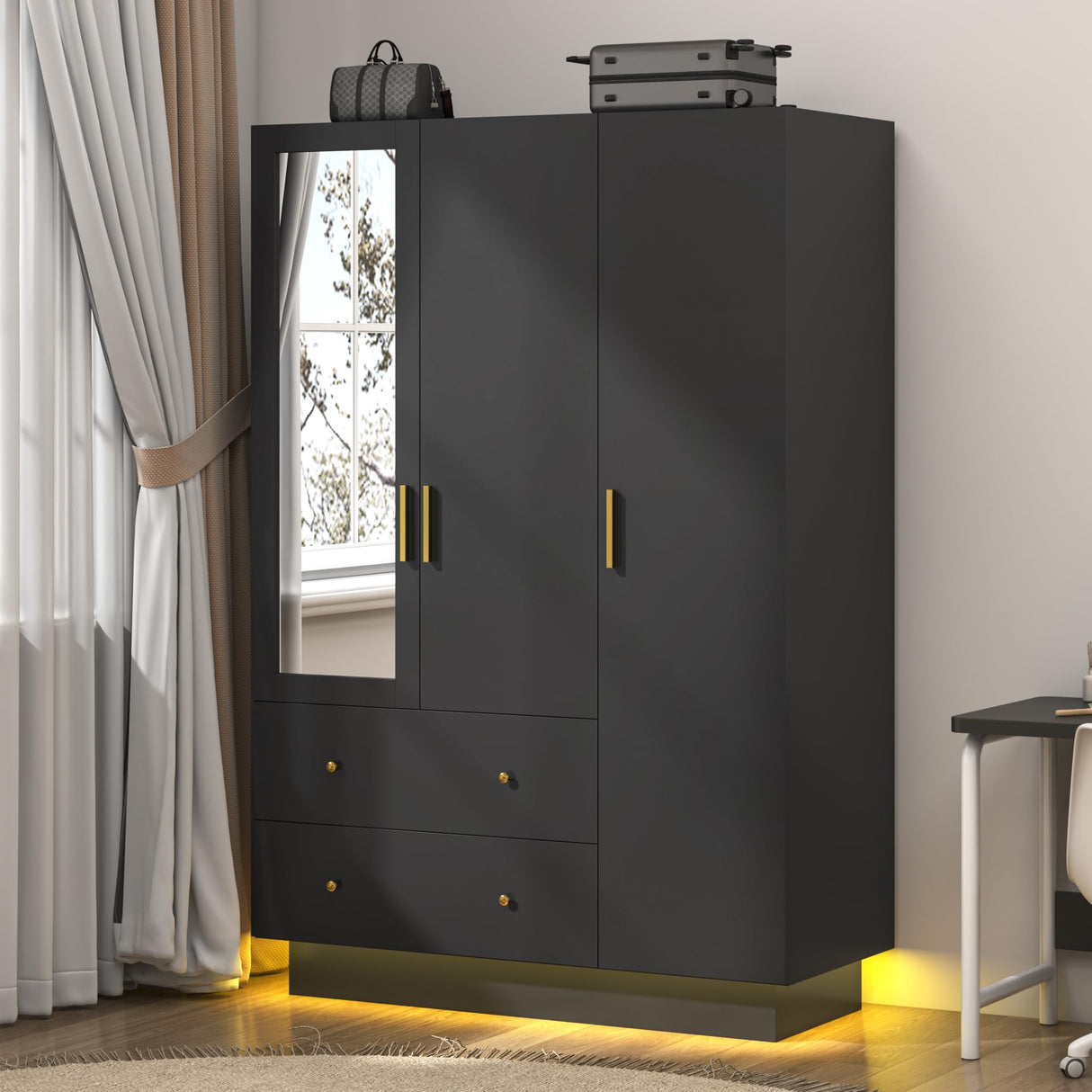 jiteentarou 3 Door Wardrobe Closet with Mirror and LED Lights, Bedroom Armoire with Drawers Shelves, Modern Wooden Armoire Wardrobe Closet with Hanging Rod for Bedroom, Black jiteentarou